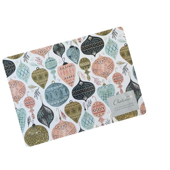 CHATEAU Christmas Ornament Cork Backed Hard Placemats 12x16 Set of 4 Holiday New - Picture 9 of 16